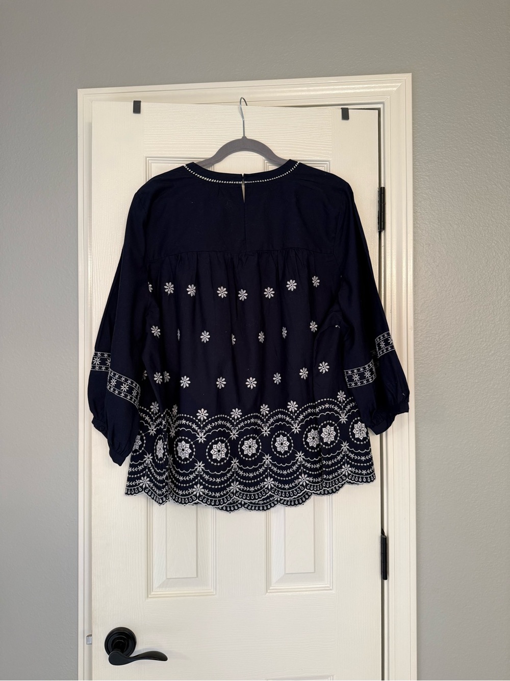 Navy Embroidered Peasant Blouse - Women's Top